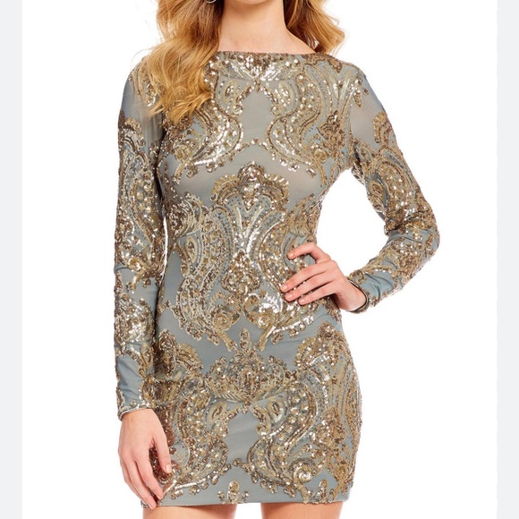 Dress the Population Lola Mini Dress Size L Grey/Green Gold Sequin NWT Mermaid - Picture 2 of 16